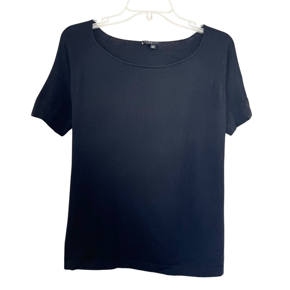 Theory Solid Black Merino Wool Crewneck Short Sleeve Tie Waist Top Size Small